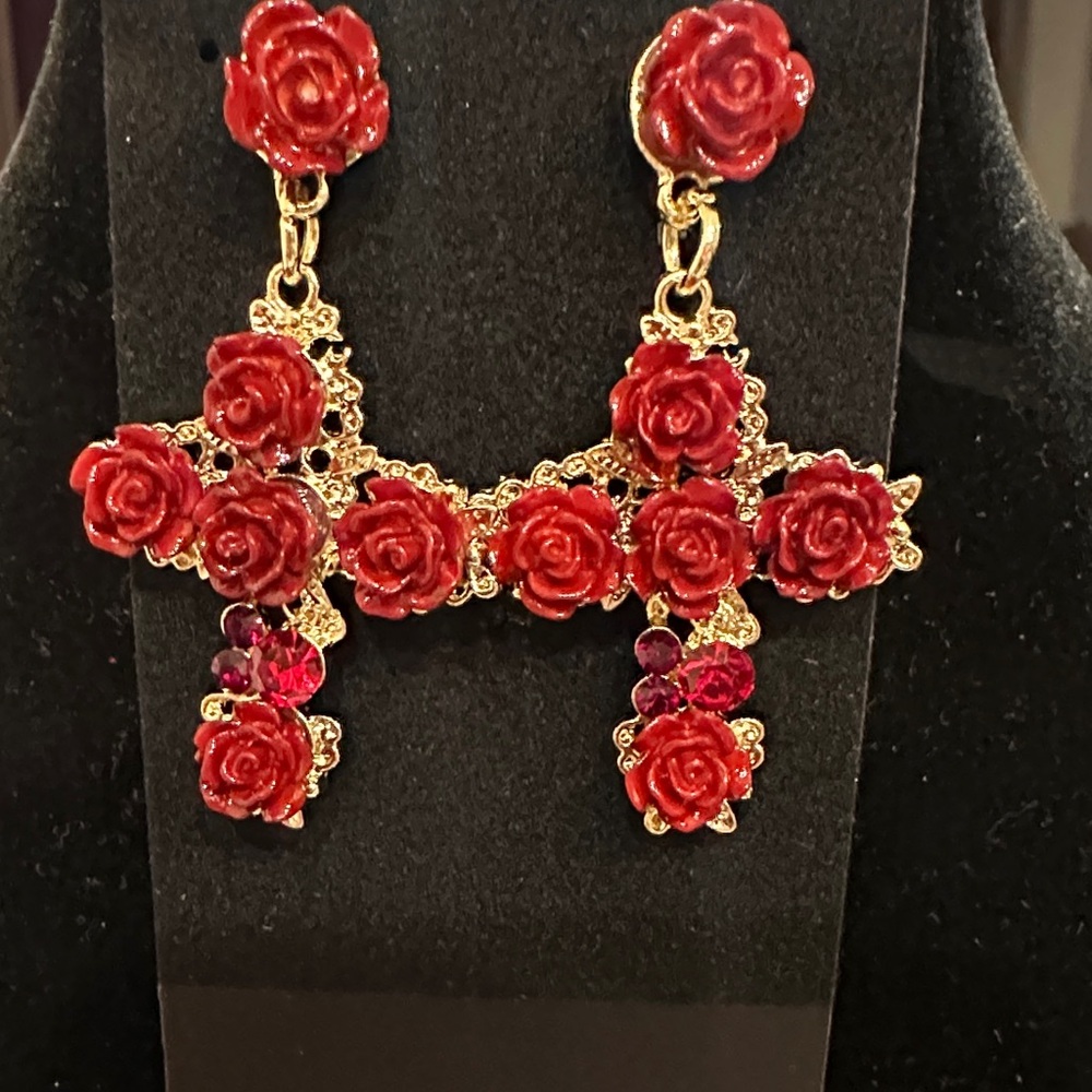 Elegant Red Rose Cross Earrings